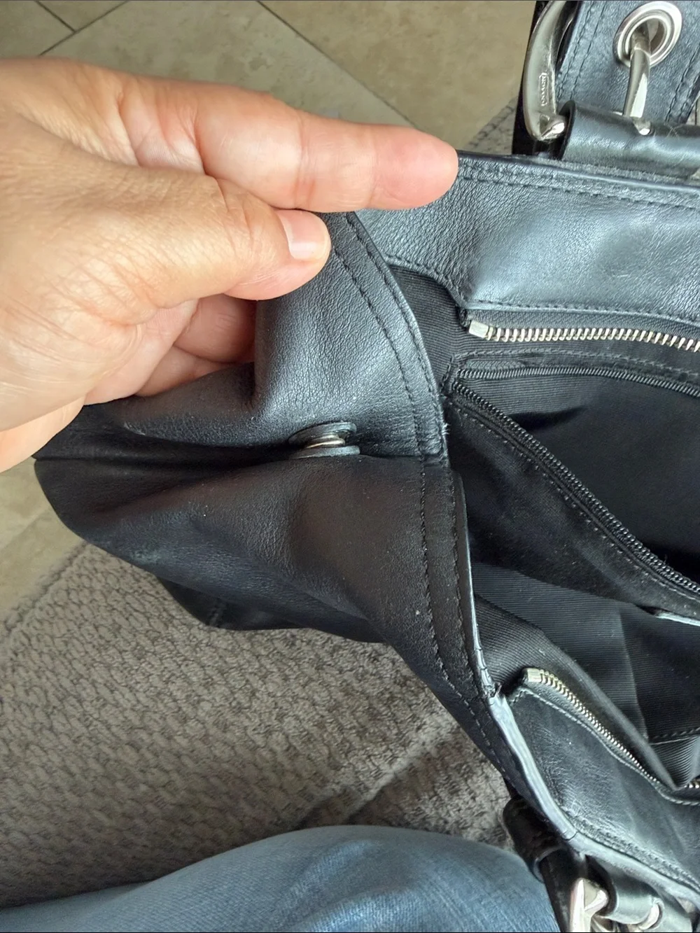 Classic Black Leather Hobo Tote with Silver Accents